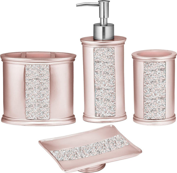 Popular Bath Sinatra 4 Piece Bathroom Set, Heavy Duty Resin Blush Pink with Cracked Ice Glitter Look