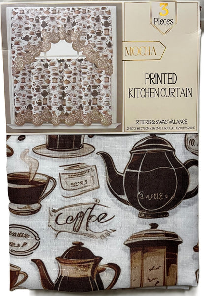 Mocha Coffee Kitchen Curtain and Swag Set – Brown and Beige - photo 1