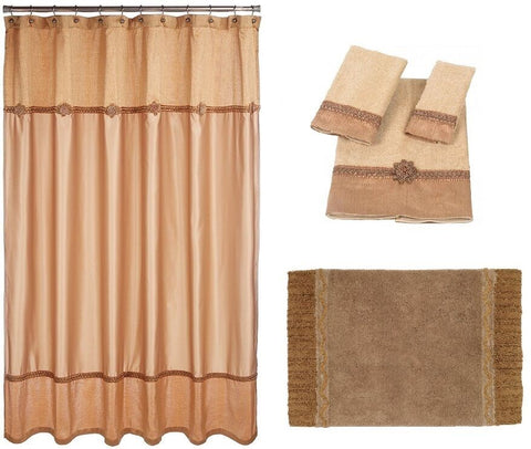 Avanti Linens Braided Medallion Shower Curtain, Shower Hooks, Rug, Bath Towel, Hand Towel and Finger Tip Towel, Rattan Gold