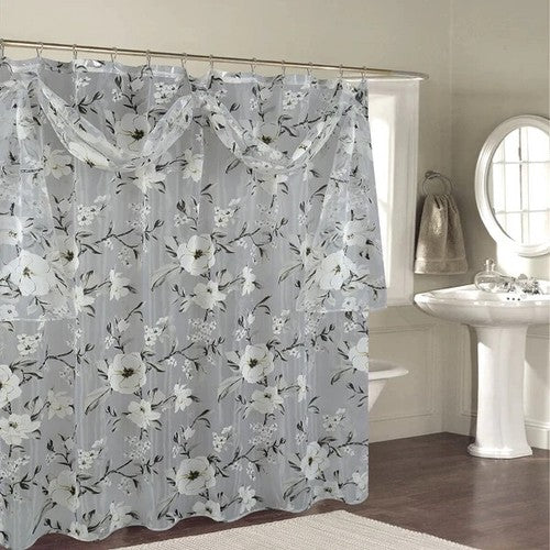 Melrose sheer floral shower curtain with scarf topper in Gray