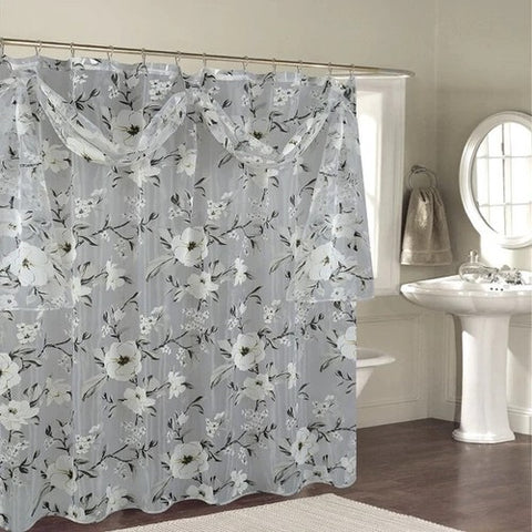 Melrose sheer floral shower curtain with scarf topper in Gray
