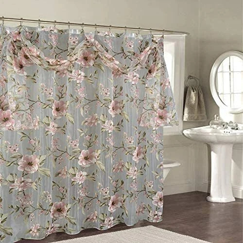 Melrose sheer floral shower curtain with scarf topper in Pink