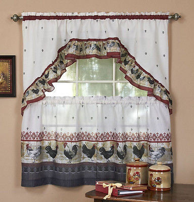 ROOSTER DESIGN BURGUNDY AND GREY KITCHEN CURTAINS AND SWAG SET