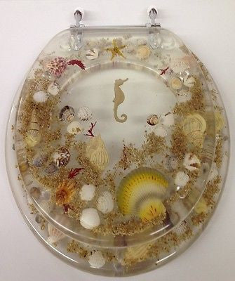 JEWEL SHELL SEASHELL AND SEAHORSE RESIN TOILET SEAT, CHROME HINGES ELONGATED