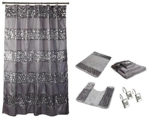 Popular Bath Sinatra Silver Shower Curtain, Rugs and Resin Accessory Set