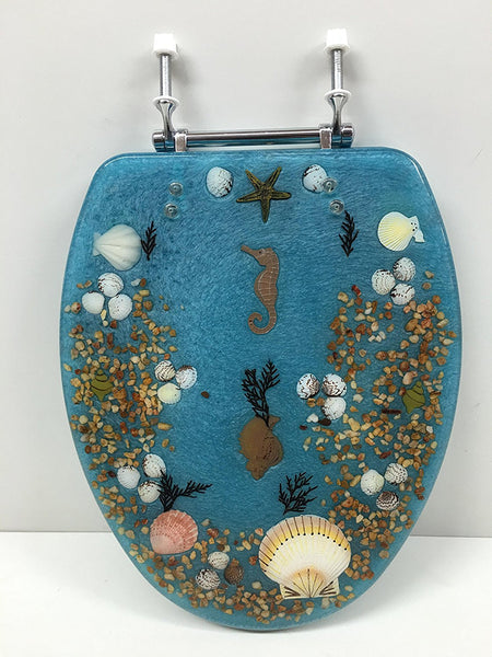 ELONGATED BLUE SEASHELL AND SEAHORSE RESIN TOILET SEAT, CHROME HINGES
