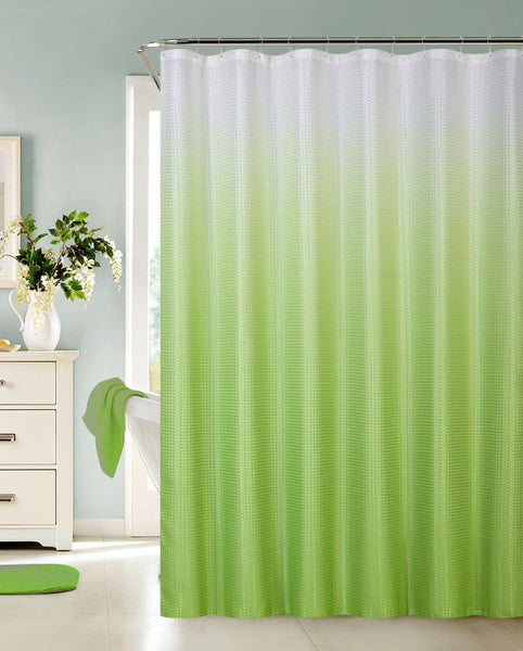 Ombre Waffle Fabric Shower Curtain with 12 Metal Roller Hooks, Green