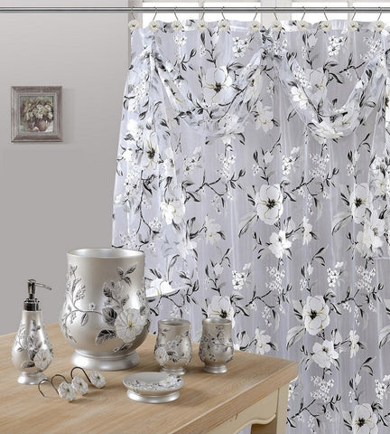 7 Piece Melrose Gray Shower Curtain, Shower Hooks and Resin Wastebasket Accessory Set