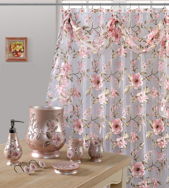 7 Piece Melrose Pink Shower Curtain, Shower Hooks and Resin Wastebasket Accessory Set