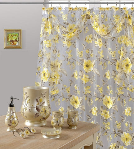 7 Piece Melrose Yellow Shower Curtain, Shower Hooks and Resin Wastebasket Accessory Set