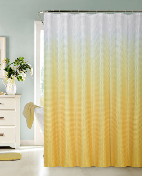 Ombre Waffle Fabric Shower Curtain with 12 Metal Roller Hooks, Yellow