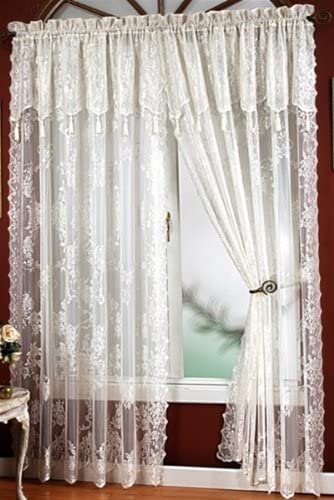 2 Semi Sheer Lace Curtains. Attached Valance & 6 Tassels on Each Panel.  Classic English Rose Design. Great Drapes for Living Room or Bedroom 