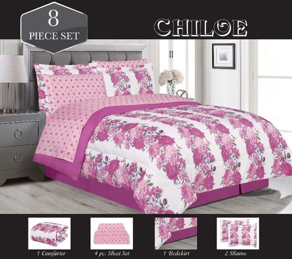 CHLOE PINK FLORAL 8 PIECE BED IN BAG WITH SHEET SET