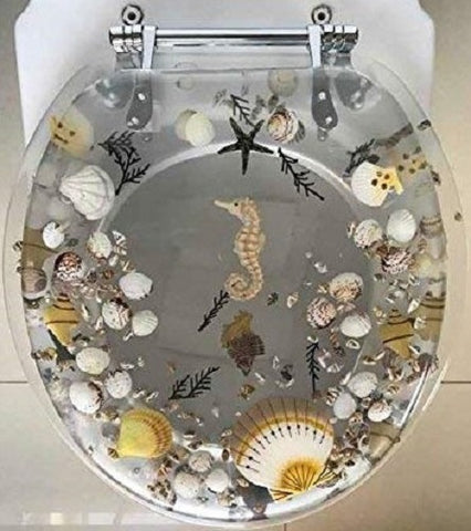 JEWEL SHELL SEASHELL AND SEAHORSE RESIN TOILET SEAT, CHROME HINGES STANDARD SIZE