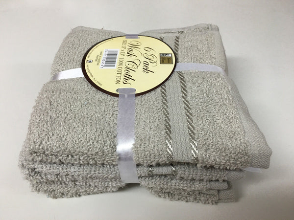SET OF 6 100% COTTON TERRY WASH CLOTHS, GENEROUS 13 INCH X 13 INCH BETTER HOME