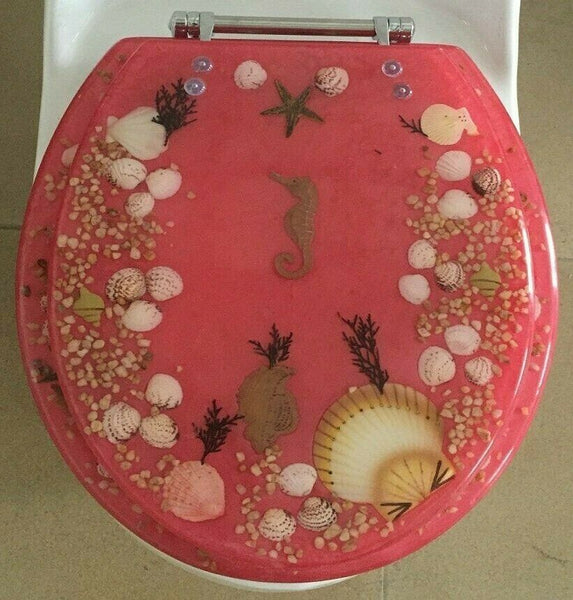 JEWEL SHELL SEASHELL AND SEAHORSE RESIN TOILET SEAT, CHROME HINGES STANDARD SIZE