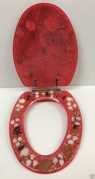 ELONGATED PINK SEASHELL AND SEAHORSE RESIN TOILET SEAT, CHROME HINGES