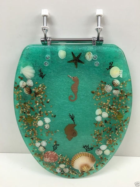 ELONGATED GREEN SEASHELL AND SEAHORSE RESIN TOILET SEAT, CHROME HINGES