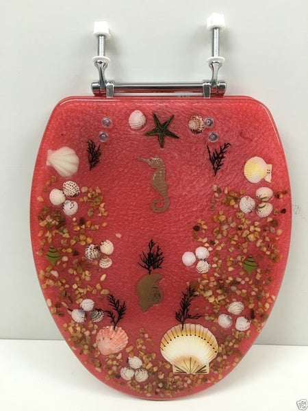 ELONGATED PINK SEASHELL AND SEAHORSE RESIN TOILET SEAT, CHROME HINGES