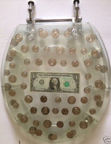 BIG MONEY RESIN TOILET SEAT WITH DOLLAR BILL AND COINS, STANDARD ROUND