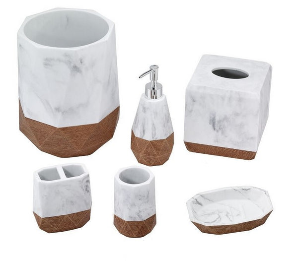 Salerno 6 Piece Waste Basket Resin Bath Accessory Set, Marble and Wicker Look