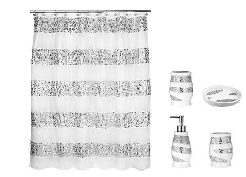 Popular Bath 5 Piece Sinatra White Shower Curtain and Resin Bath Accessory Set