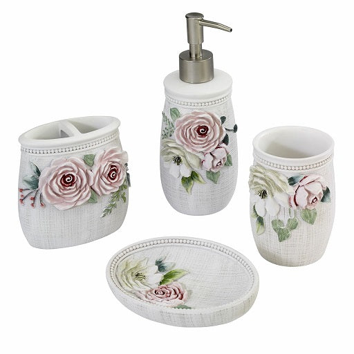 Spring Garden 6 Piece Ceramic Bath Accessory Set, Multi Pink Peonies and White