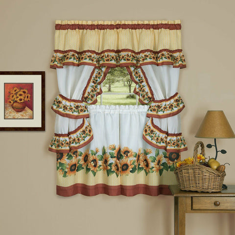 BLACK EYED SUSAN KITCHEN CURTAIN AND RUFFLED TOPPER SET
