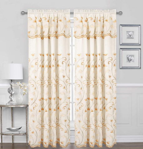 Set of 2 Valentina Metallic Embroidered Curtain Panels with Attached Valance, 84" Long