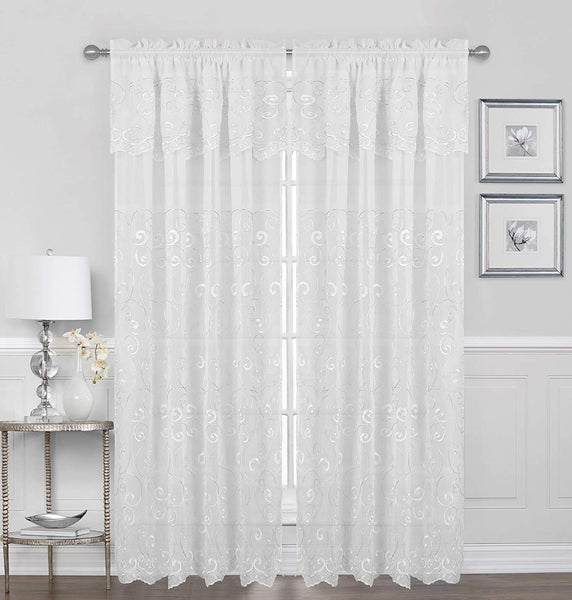 Set of 2 Valentina Metallic Embroidered Curtain Panels with Attached Valance, 84" Long